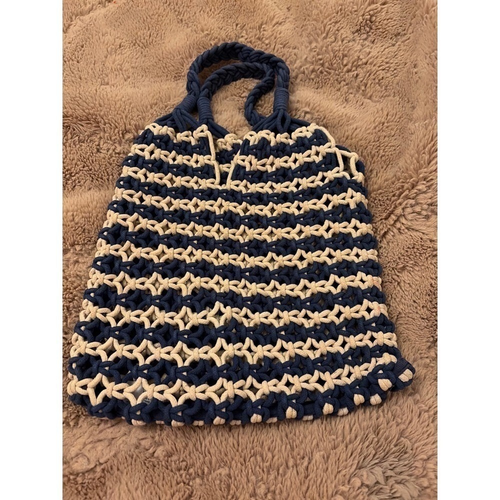 J.Crew Macrame Rope Tote Bag Navy Blue Cream Striped Braided Market Bag Boho